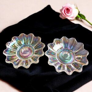 Vintage Federal Glass Celestial Sunburst Candle Holders 1950s Iridescent Rainbow